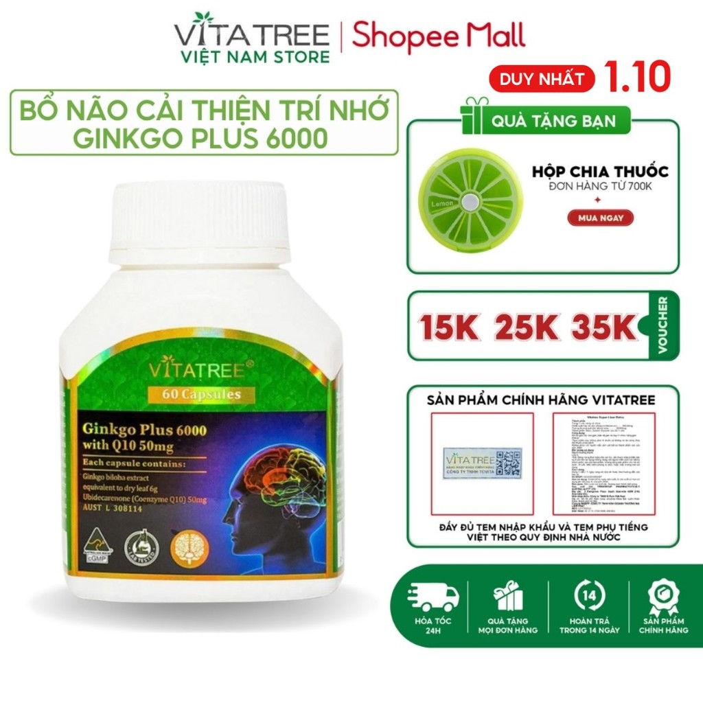 Bổ não Vitatree Ginkgo Plus 6000 With Q10 50mg 60 viên giúp tăng cường tuần hoàn não, cải thiện trí nhớ, giảm căng thẳng