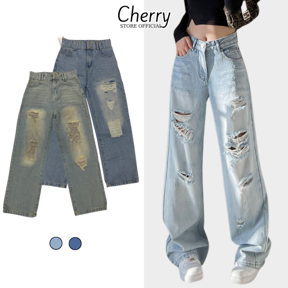Quần jean nữ ống rộng CHERRY, quần bò rách gối giá rẻ che khuyết điểm tôn dáng T064 - Hàng mới về