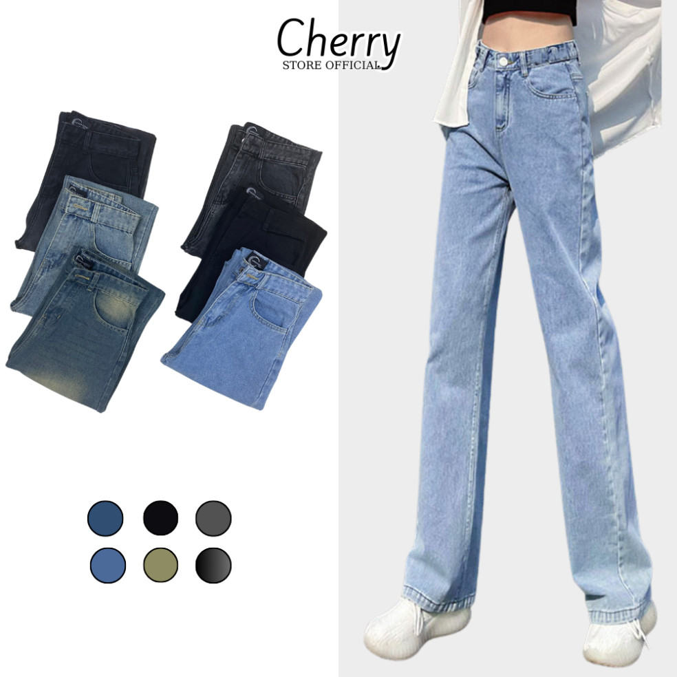 Quần jean ống rộng cạp cao CHERRY quần bò ống suông chất vải denim cao cấp T008-2 - Hàng mới về