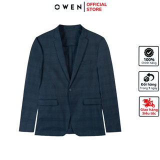 Áo demi nam công sở cao cấp OWEN BL231705 blazer màu kẻ caro xanh đậm vải poly dáng regular fit tôn dáng người mặc