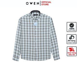 Áo sơ mi dài tay nam OWEN AR240024DT somi công sở chất nano cao cấp màu xám nhạt kẻ caro dáng suông tà lượn có túi