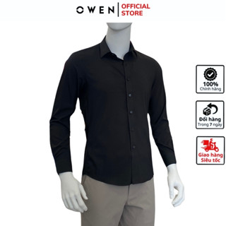 Áo sơ mi dài tay nam OWEN AS230340D somi công sở chất nano cao cấp màu đen trơn dáng ôm tà lượn không túi