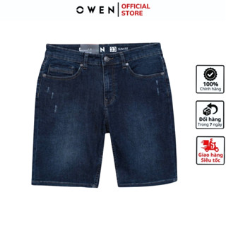 Quần short jean nam OWEN SJ231824 sooc bò cộc màu xanh đậm denim chất liệu cotton cao cấp dáng slim fit ôm vừa