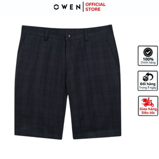 Quần short tây nam OWEN SW231916 sooc ngố đùi âu màu navy kẻ chất liệu nano cao cấp mềm mát dáng slim fit ôm vừa