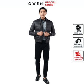 Áo khoác phao nam Owen JK220711 jacket 2 lớp màu đen trơn vải polyester cao cấp dáng suông không mũ cổ đứng bo tay gấu