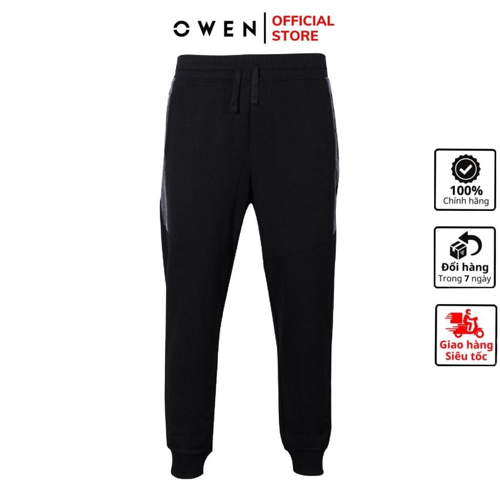 Quần jogger thun thu đông nam OWEN JG23286 màu đen viền ghi túi dáng suông cạp chun bo gấu thể thao vải visco cao cấp