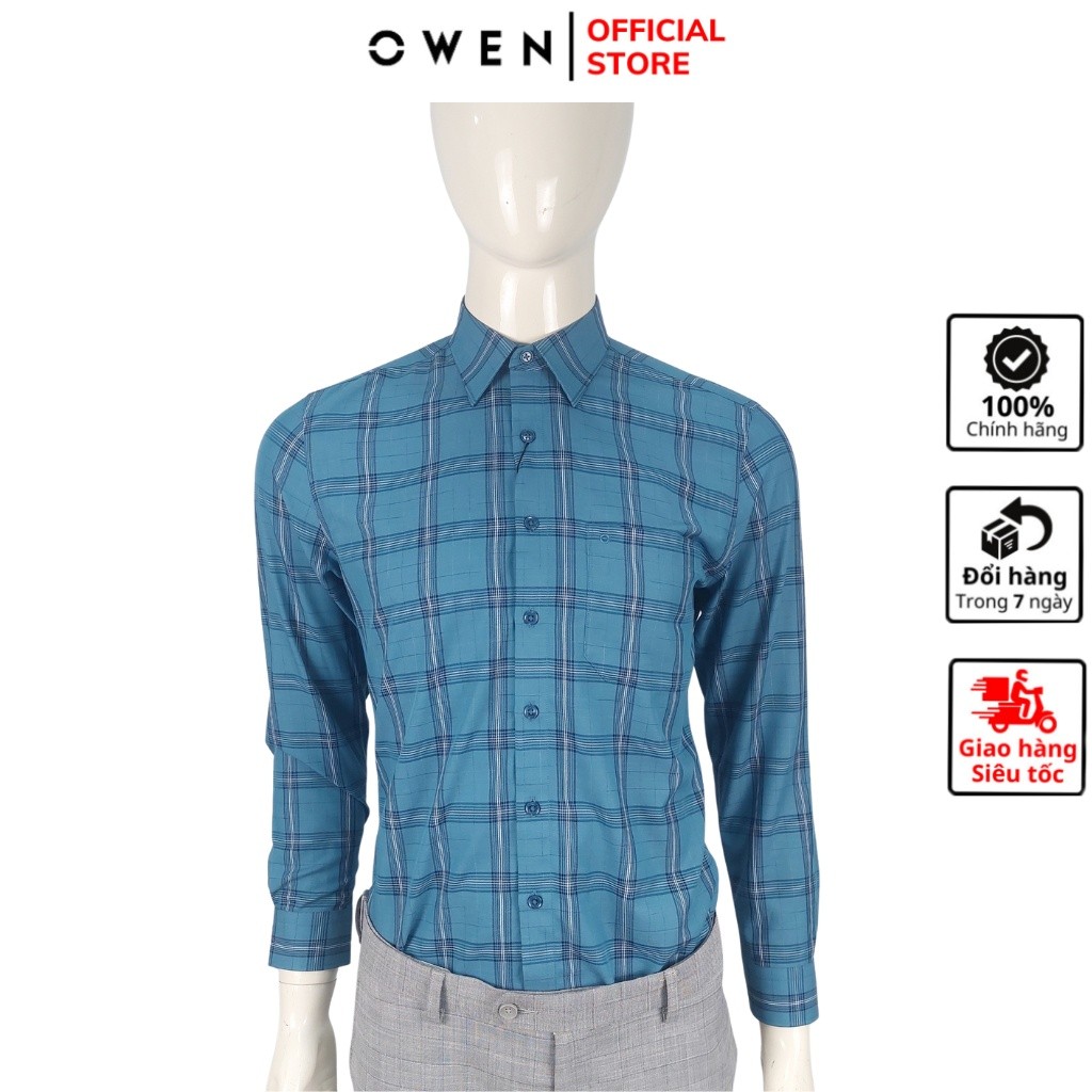 Áo sơ mi dài tay nam OWEN AR220819DT somi công sở vải bạc hà cao cấp kẻ caro xanh đậm đen trắng dáng