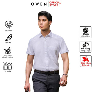 Áo sơ mi trắng nam ngắn tay OWEN somi công sở vải sợi sồi cao cấp màu trắng trơn dáng suông có túi tà bằng hoặc tà lượn