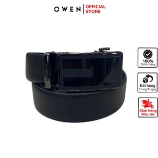 Thắt lưng da bò thật nam cao cấp OWEN BELT221362 dây nịt màu đen mặt xanh hợp kim đúc nguyên khối khóa trượt tự động