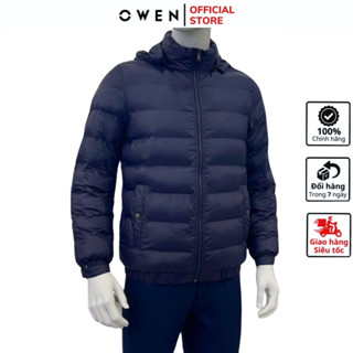  Áo khoác phao nam Owen JK231838 màu navy đậm vải polyester cao cấp dáng suông có mũ có thể tháo rời bo cổ tay và gấu 