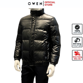 Áo khoác phao nam Owen JK220725 jacket 2 lớp màu đen bóng vải polyester cao cấp dáng suông không mũ cổ đứng bo tay gấu