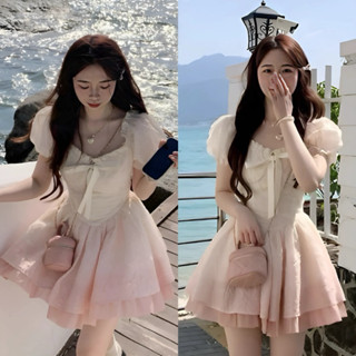 [Sale] Đầm váy thời trang nữ mặc đi chơi chất gấm có mút ngực loang màu hồng cột nơ voan tơ, váy có lớp lót QC🌹   💃