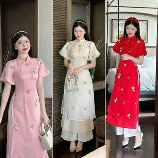 [Sale] Sét áo dài diện TẾT 2024 cách tân tơ kim sa thêu hoa phối cổ thắt nơ tay bồng+CÓ KÈM QUẦN PHI LỤA CAO CẤP THANH L