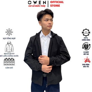 Áo khoác nam cao cấp Owen JK221555 Jeacket gió 2 lớp màu đen trơn dáng regular fit có mũ tay chun gấu suông vải polyeste