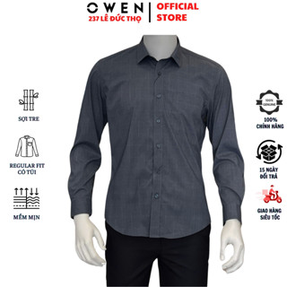 Áo sơ mi nam OWEN AR240544DT somi dài tay màu xanh đậm caro trắng dáng Regular Fit tà lượn có túi vải sợi tre cao cấp