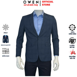 Áo demi nam cao cấp OWEN BL231705 blazer công sở màu kẻ caro xanh đậm chất vải poly dáng regular fit tôn dáng người mặc