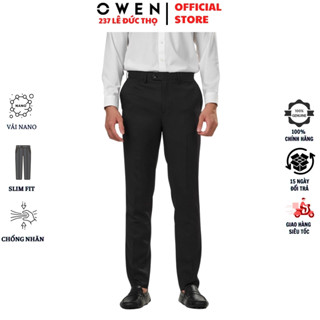Quần âu nam công sở OWEN QST242915R đồ tây cao cấp dáng slim fit có cạp tăng đơ màu đen trơn chất nano mềm mại co giãn
