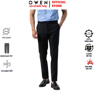 Quần âu nam công sở OWEN QRT242841R đồ tây cao cấp dáng regular fit có cạp tăng đơ màu đen chất nano mềm mại co giã