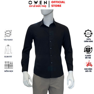 Áo sơ mi nam OWEN AS230340D somi dài tay công sở màu màu đen trơn dáng ôm tà lượn không túi chất nano cao cấp