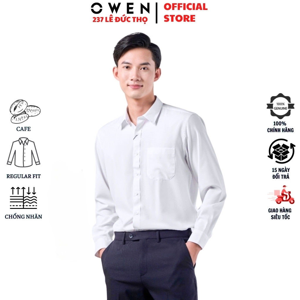 Áo Sơ Mi Trắng Nam Tay Dài Owen AR230321DT màu trắng trơn dáng regular fit tà lượn có túi chất liệu 