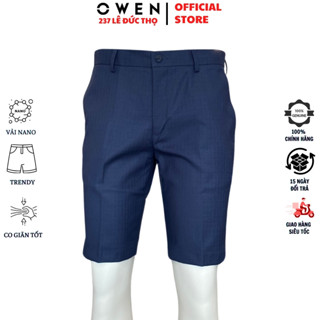 Quần short âu nam OWEN SW231918 sooc tây ngố đùi màu xanh kẻ chất liệu poly spandex cao cấp dáng trendy ôm vừa