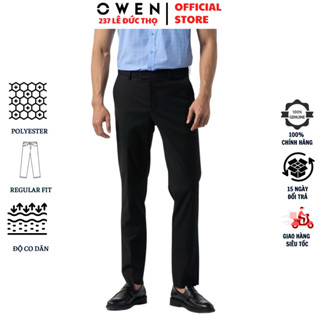 Quần âu nam Owen QRT232453T đồ tây công sở chất polyester cao cấp màu đen trơn form regular fit suông vừa cạp tăng đơ