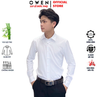 Áo sơ mi nam OWEN AS230195D somi dài tay công sở jacquard trắng form slim fit tà lượn không túi chất sợi tre cao cấp