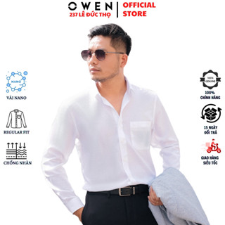  Áo sơ mi dobby trắng nam OWEN AR230242DT somi công sở dài tay form regular fit tà lượn có túi chất nano cao cấp nhẹ mát 