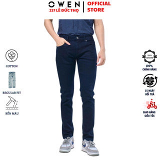 Quần jean nam Owen QJS230151 quần bò hàng hiệu màu xanh đậm chất liệu cotton denim cao cấp form slim fit ống côn ôm vừa