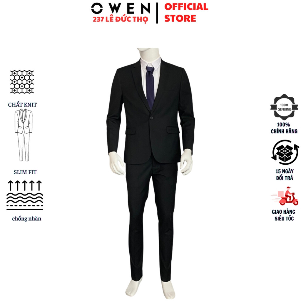 Bộ suit veston công sở nam cao cấp OWEN VES231684 áo vest comple vải Polyester màu đen dáng slim fit