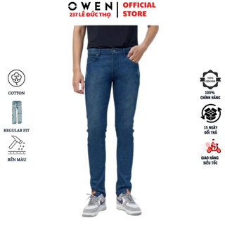 Quần jean nam cao cấp chính hãng Owen QJSL23955 màu xanh trơn vải bò denim cotton bền đàn hồi tốt dáng slim fit ống côn