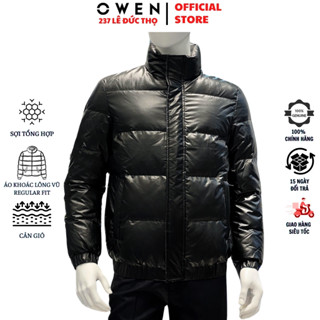 Áo khoác nam cao cấp Owen JK220725 Jeacket phao 2 lớp màu đen bóng dáng suông cổ đứng bo tay và gấu vải polyester