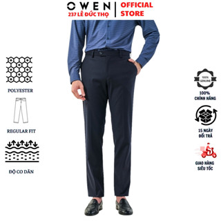 Quần âu nam Owen QRT231507 đồ tây công sở chất polyester cao cấp màu navy trơn form regular fit suông vừa cạp tăng đơ