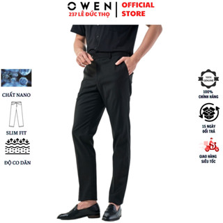 Quần âu nam Owen QST231509R1 đồ tây công sở chất nano nhẹ mát cao cấp màu đen trơn form slim fit ống ôm cạp tăng đơ