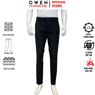  Quần âu nam Owen QV231684 đồ tây công sở vải polyester cao cấp màu đen trơn dáng slim fit ống ôm 