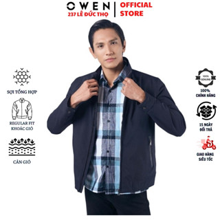  Áo khoác nam cao cấp Owen JK220728 Jeacket gió 2 lớp màu xanh navy trơn dáng regular fit cổ đứng tay gấu suông vải 