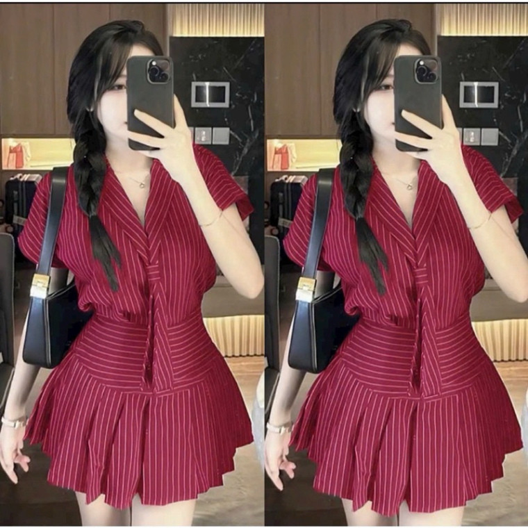 [Sale] Set váy thời trang nữ mặc đi chơi chất kaki sọc cà vạt áo tay ngắn cor sơ mi mix chân váy xòe