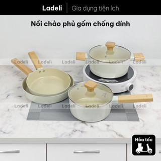 Nồi chảo phủ gốm chống dính đáy từ màu be cán gỗ dùng với bếp từ bếp gas hồng ngoại | Ladeli NC105
