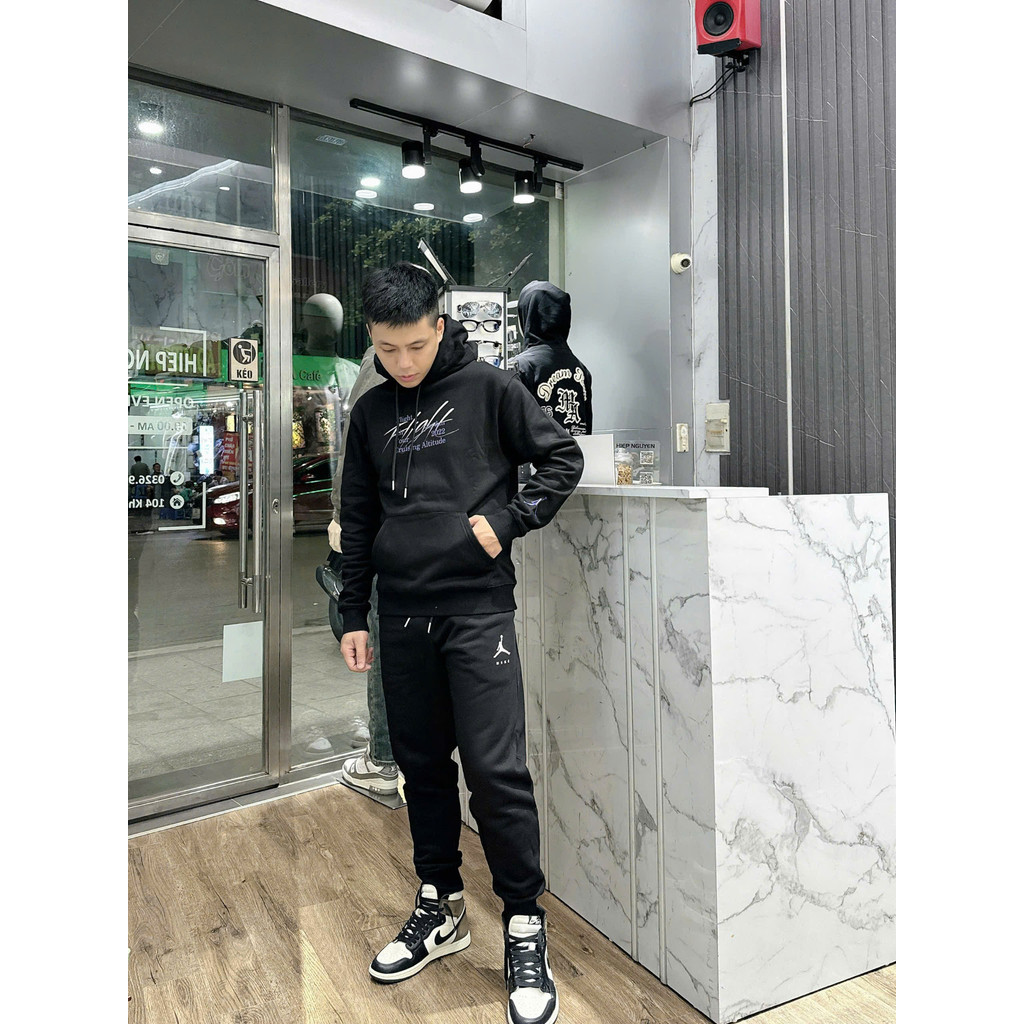 Bộ thể thao nam mùa thu đông có mũ chất nỉ JOCDAN màu xanh,đen họa tiết,đồ thể thao thoáng khí siêu nhẹ cao cấp neww2024