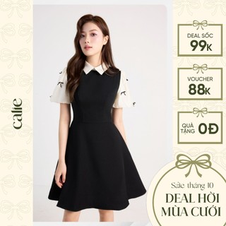 Váy Nữ dáng xòe phối tay đính nơ nữ tính chất trượt Hàn CALIE VX173