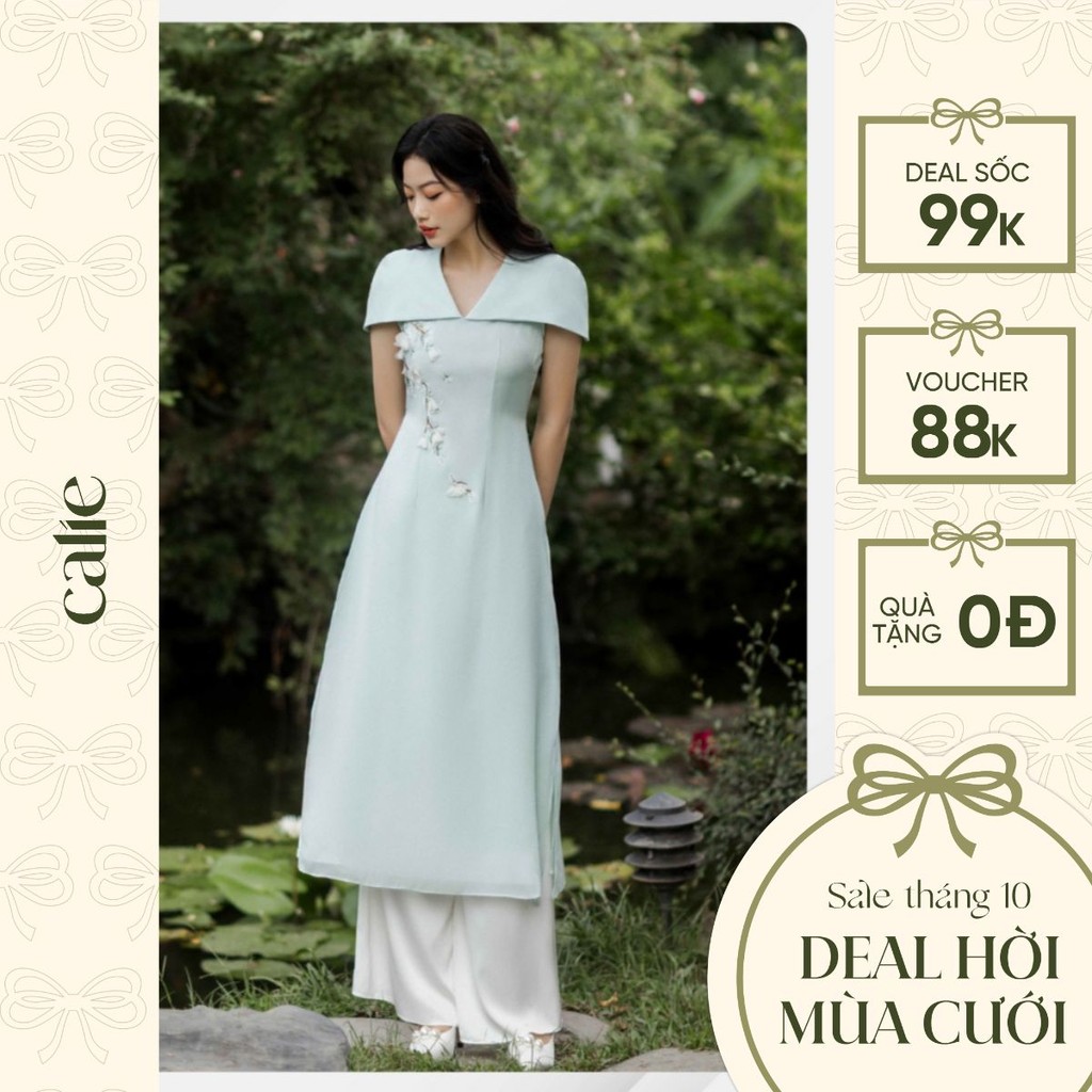 SET Áo dài vai chờm đính hoa 3D tiểu thư thếu đính thủ công Cao Cấp Calie AD007