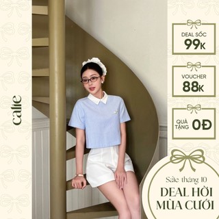 Áo cách điệu cổ V phối ren họa tiết kẻ xanh nhạt Thương Hiệu Calie- AC391