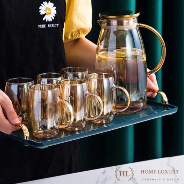 BỘ BÌNH 6 CỐC THUỶ TINH ÁNH TRAI CHỊU NHIỆT BOROSILICATE | BỘ CỐC BÌNH THUỶ TINH 7 MÀU PHA LÊ ĐẠI DƯ