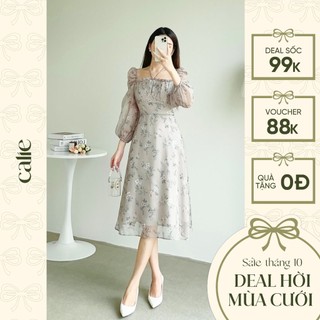 Váy hoa xòe nhún ngực tay bồng tiểu thư Calie VX039