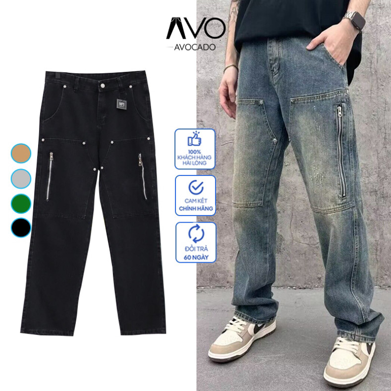 Quần Bò Jean Nam Ống Suông Rộng Phối Khóa Kép Màu Bụi Avocado, Quần dài baggy ống rộng nam nữ Retro Vintage cao cấp - Hà