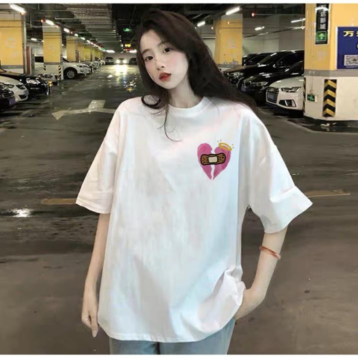 Áo Thun Unisex Nam Nữ Form Rộng Tay Lỡ In Hình Trái Tim Vỡ Băng Dính Dễ Thương UT