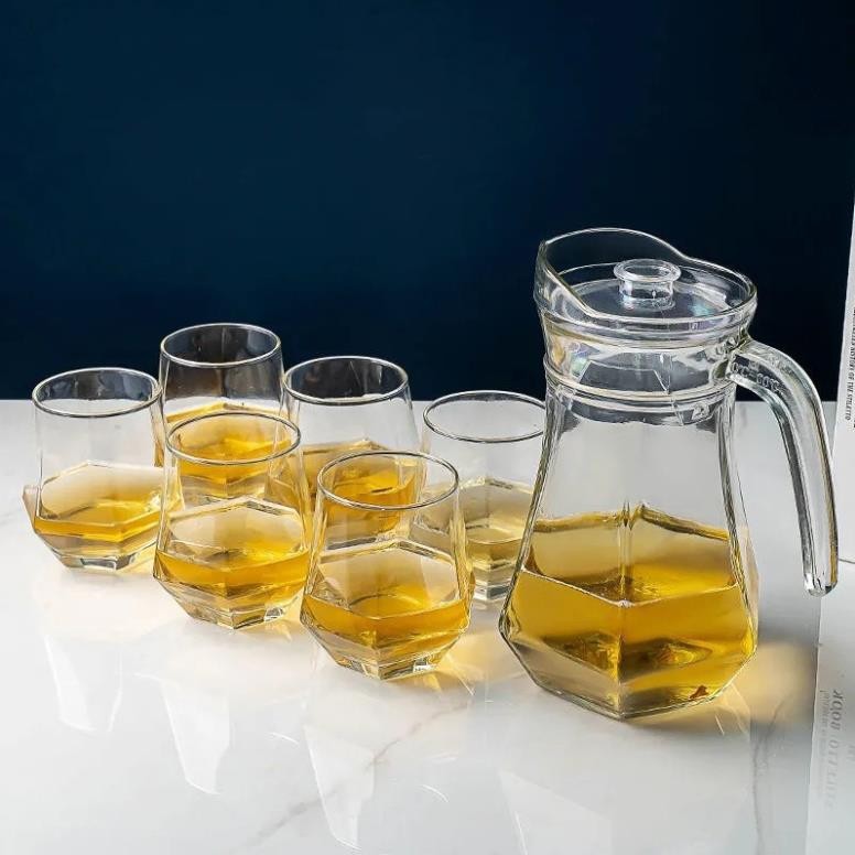 Bộ Bình Đựng Nước Thuỷ Tinh Kèm 6 Cốc Đựng Nước Hoạ Tiết, Bộ Bình Ly Thuỷ Tinh Sang Trọng