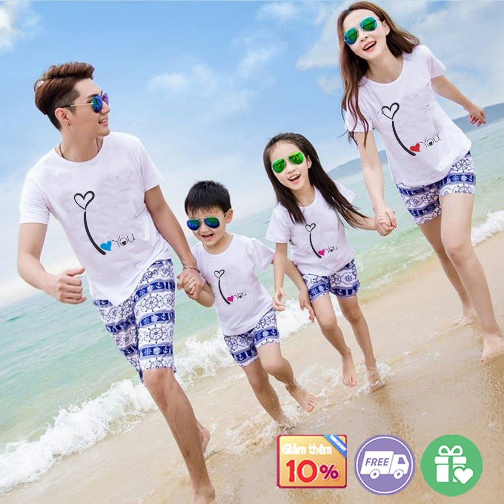 Áo gia đình đi biển 4 người, đồng phục bố mẹ bé vải cotton co giãn dễ mặc -gd20