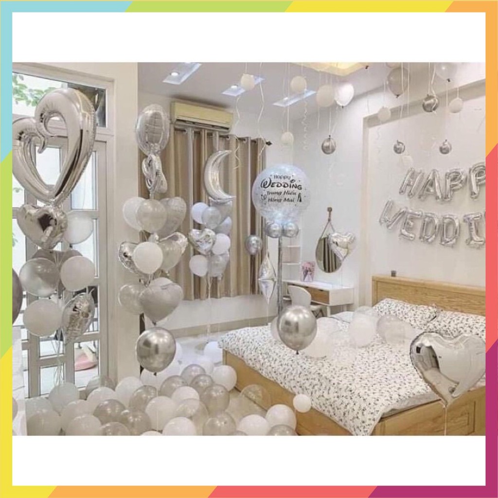 ❤️[ KHUYẾN MẠI ] ❤️ Sét Bóng Trang Trí Phòng Cưới Màu Trắng Bạc Tinh Tế [ Tặng Phụ Kiện]