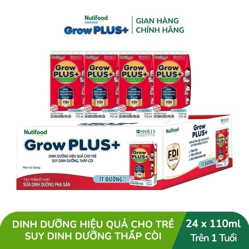 Thùng 24 hộp Sữa Bột Pha Sẵn Nutifood GrowPLUS+ Suy Dinh Dưỡng (Đỏ) Ít đường 110ml - Tăng Cân, Tăng Chiều Cao